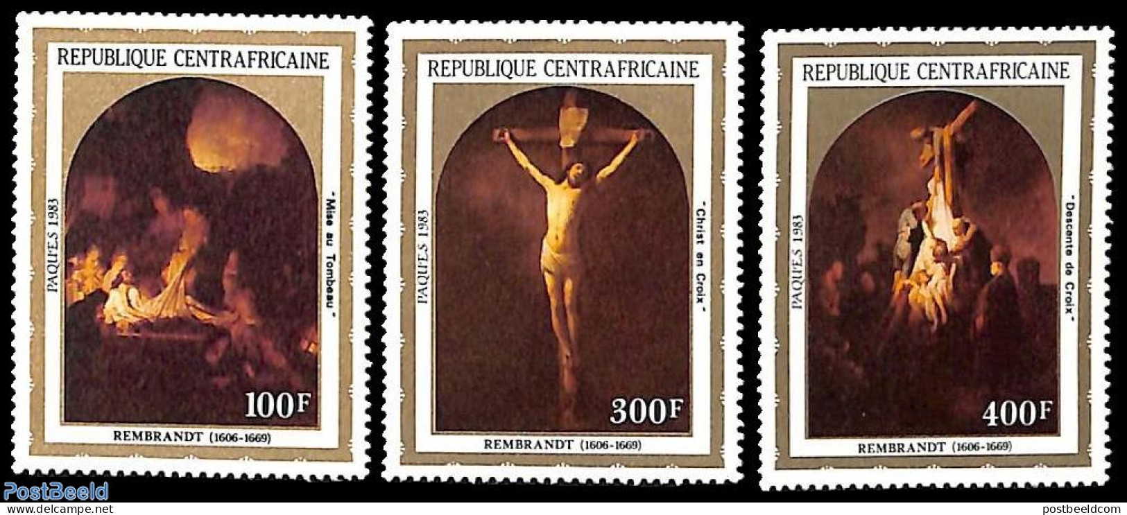 Central Africa 1983 Easter 3v, Rembrandt Paintings, Mint NH, Art - Paintings - Rembrandt - Centraal-Afrikaanse Republiek