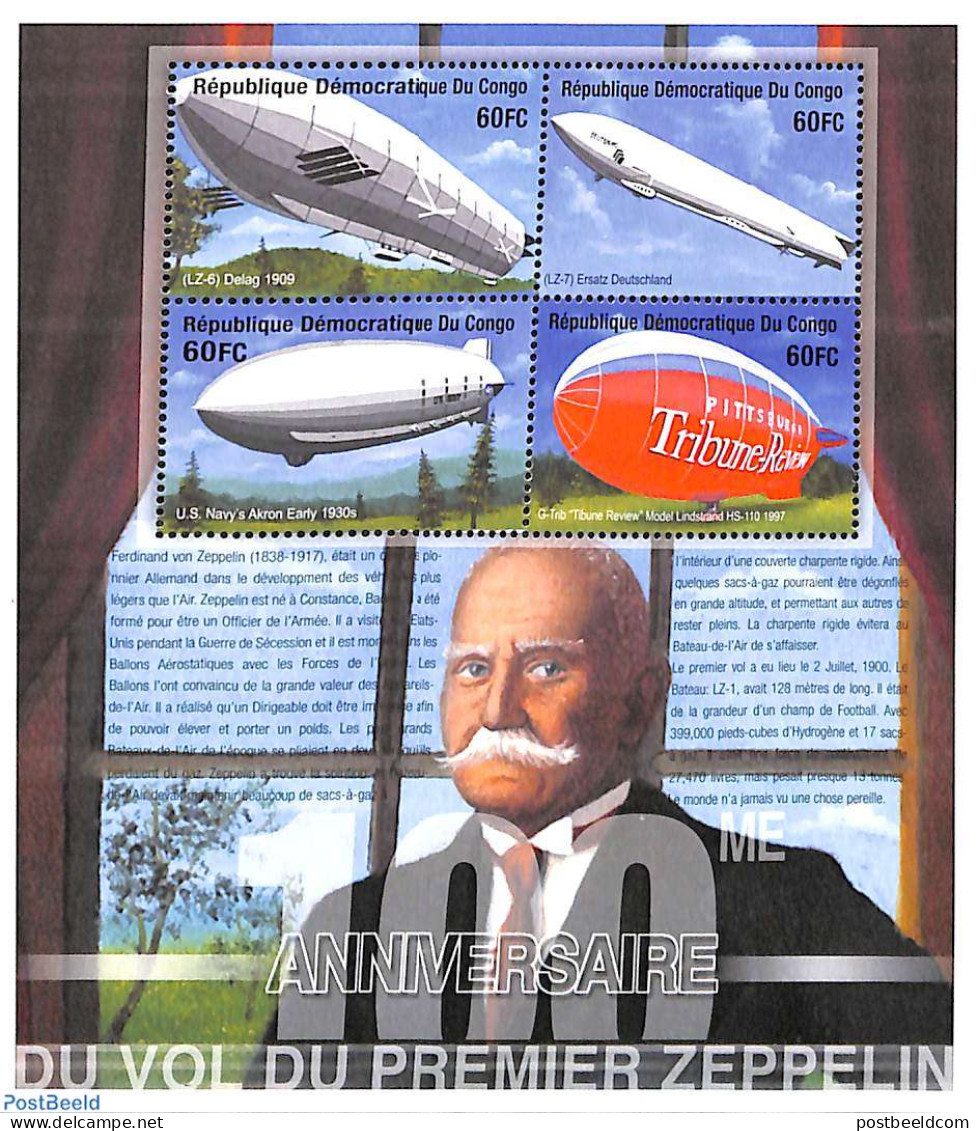 Congo Dem. Republic, (zaire) 2001 Zeppelin 4v M/s, Mint NH, Transport - Zeppelins - Zeppeline