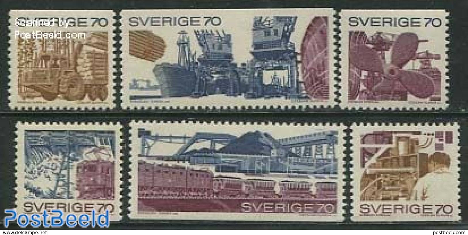 Sweden 1970 Industry 6v, Mint NH, Nature - Transport - Various - Trees & Forests - Automobiles - Railways - Ships And .. - Unused Stamps