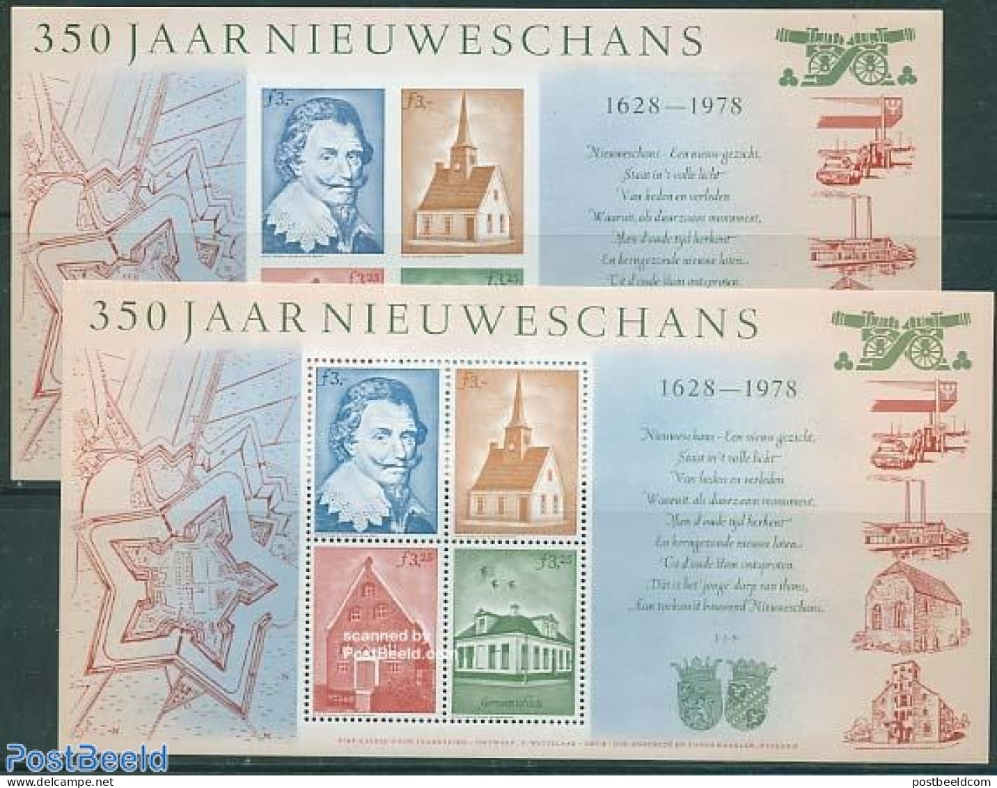Netherlands, Memorial Stamps 1978 350 Years Nieuweschans 2 S/s, Mint NH, Religion - Churches, Temples, Mosques, Synago.. - Eglises Et Cathédrales