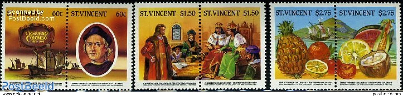 Saint Vincent 1986 Discovery America 3x2v [:], Mint NH, History - Nature - Transport - Explorers - Fruit - Ships And B.. - Explorers