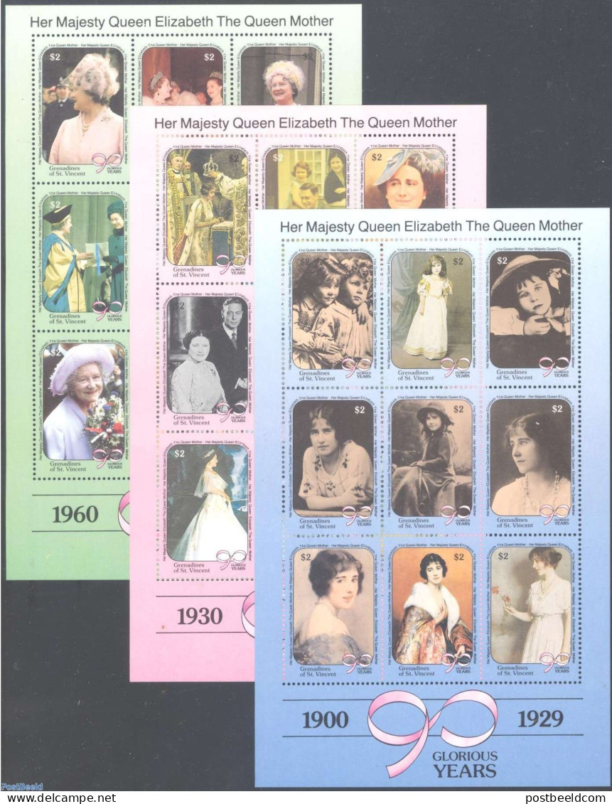 Saint Vincent & The Grenadines 1991 Queen Mother 3x9v M/s, Mint NH, History - Kings & Queens (Royalty) - Königshäuser, Adel