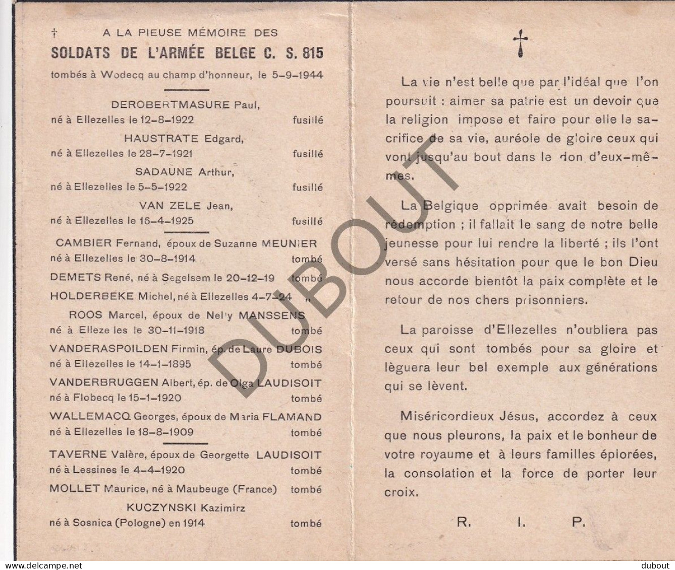 WOII - Elezelles/Zegelsem/Flobecq/Lessines/Sosnica; Derobertmasure, Haustrate, Saudane, Van Zele, †Wodecq 1944 (F581) - Obituary Notices