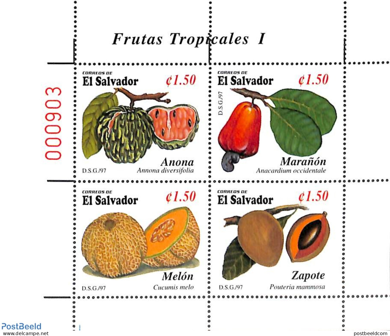El Salvador 1997 Tropical Fruits 4v M/s, Mint NH, Nature - Fruit - Obst & Früchte