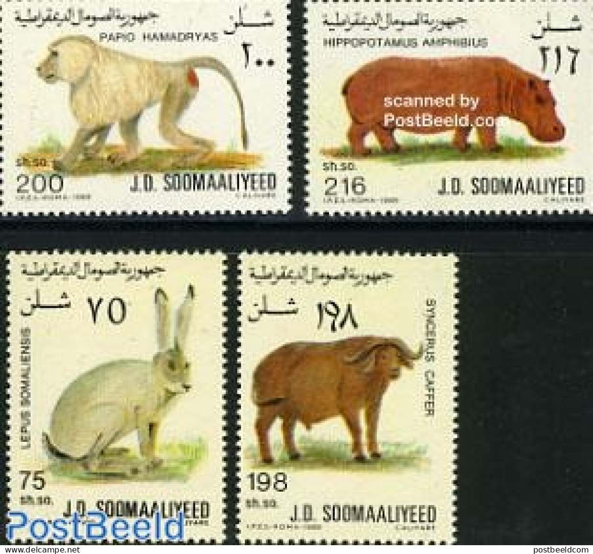 Somalia 1989 Animals 4v, Mint NH, Nature - Animals (others & Mixed) - Hippopotamus - Monkeys - Rabbits / Hares - Somalia (1960-...)