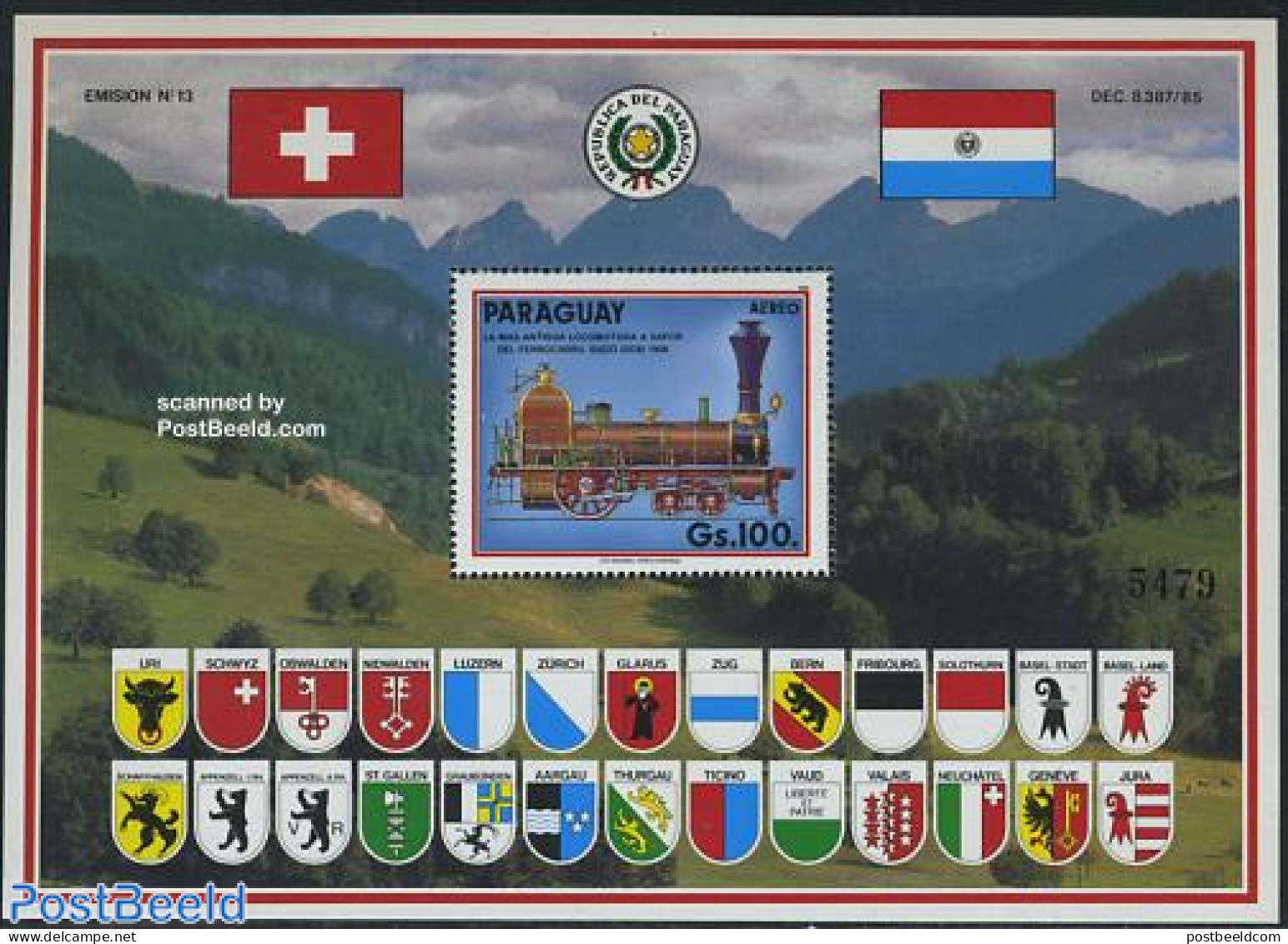 Paraguay 1990 Switzerland S/s, Railway, Mint NH, History - Sport - Transport - Coat Of Arms - Mountains & Mountain Cli.. - Bergsteigen