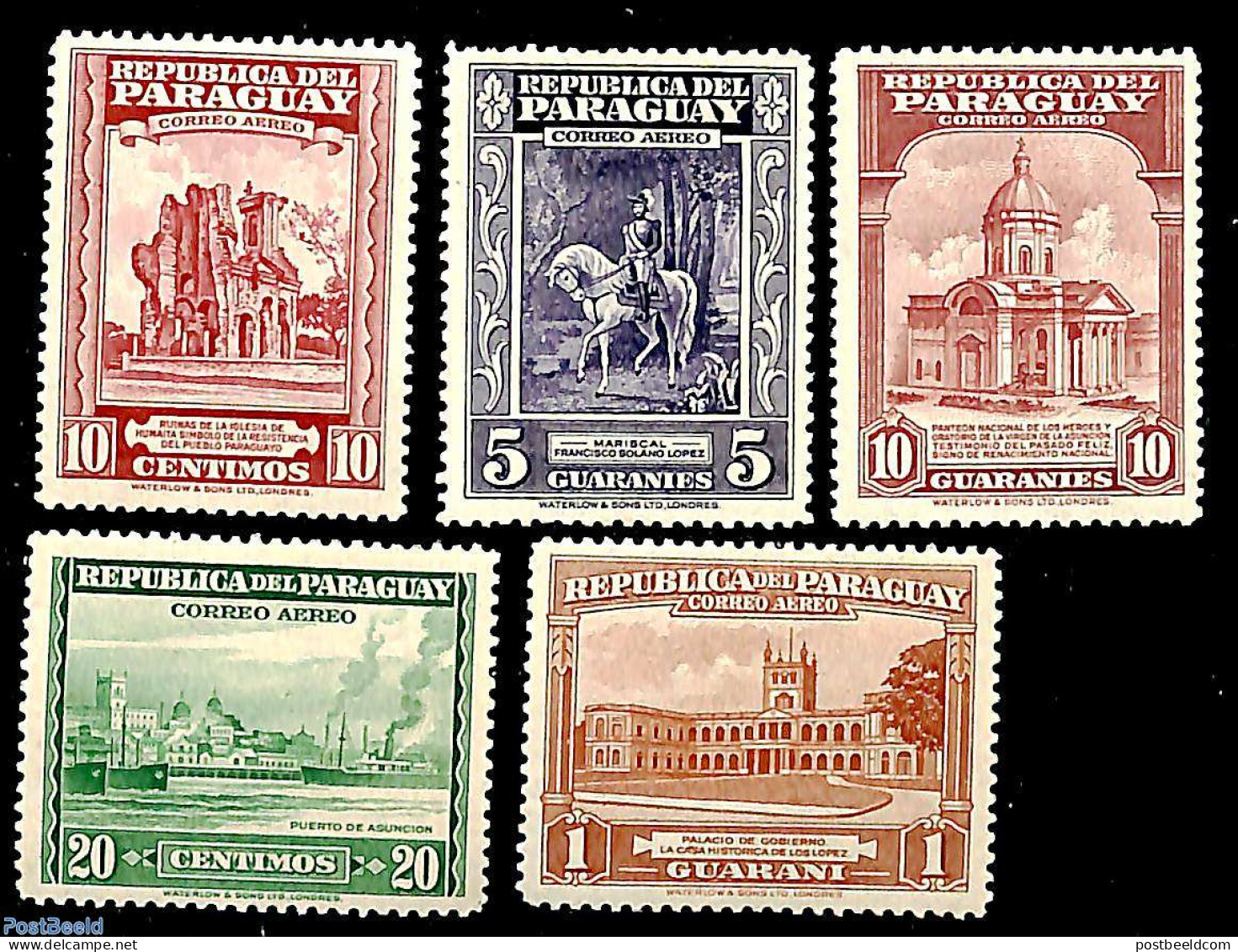 Paraguay 1946 Airmaildefinitives 5v, Unused (hinged), Nature - Religion - Transport - Horses - Churches, Temples, Mosq.. - Eglises Et Cathédrales