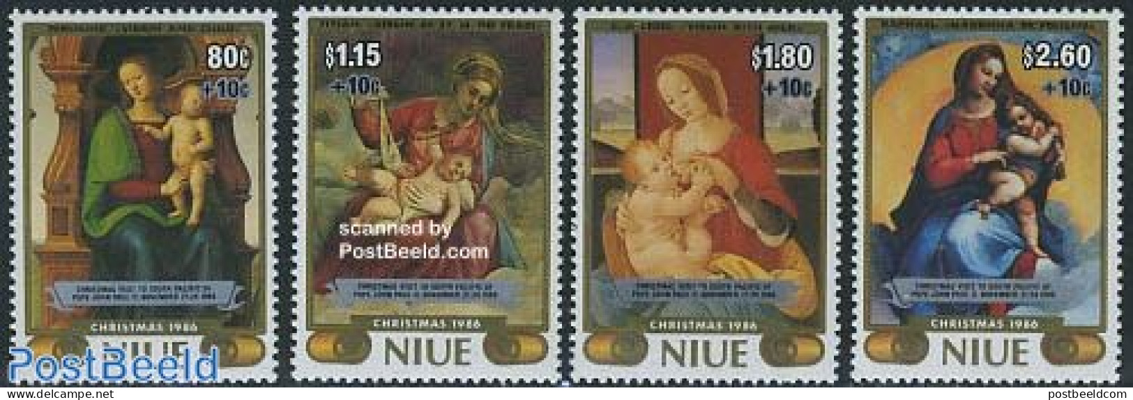 Niue 1986 Visit Of Pope John Paul II 4v, Mint NH, Religion - Christmas - Pope - Art - Paintings - Noël