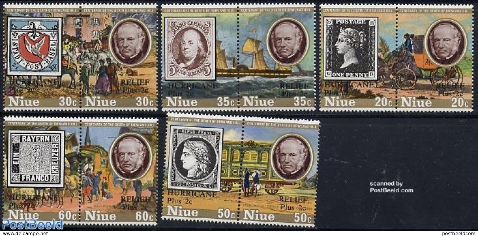 Niue 1980 Hurricane Relief 5x2v [:], Mint NH, History - Transport - Post - Sir Rowland Hill - Stamps On Stamps - Ships.. - Post