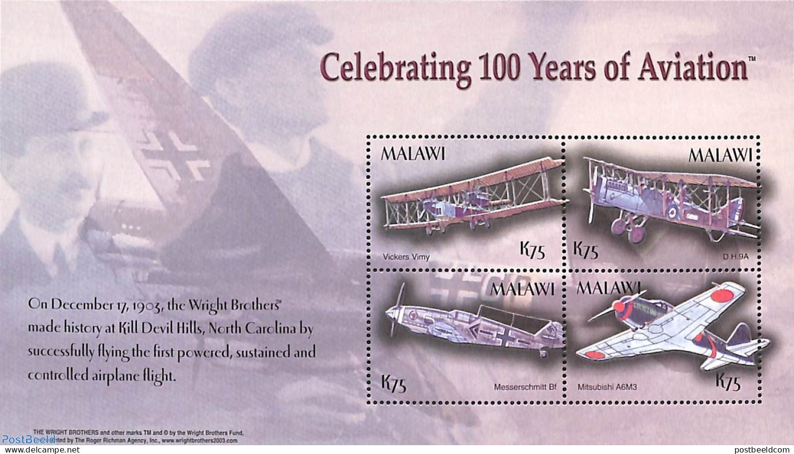 Malawi 2003 Aviation Centenary 4v M/s, Mint NH, Transport - Aircraft & Aviation - Vliegtuigen