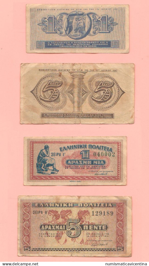 Grecia 1 + 5 Drachmai 1941 Greece State Resumed War Banknotes - Griechenland