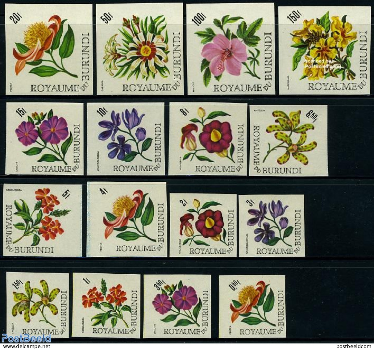 Burundi 1966 Flowers 16v Imperforated, Mint NH, Nature - Flowers & Plants - Orchids - Other & Unclassified