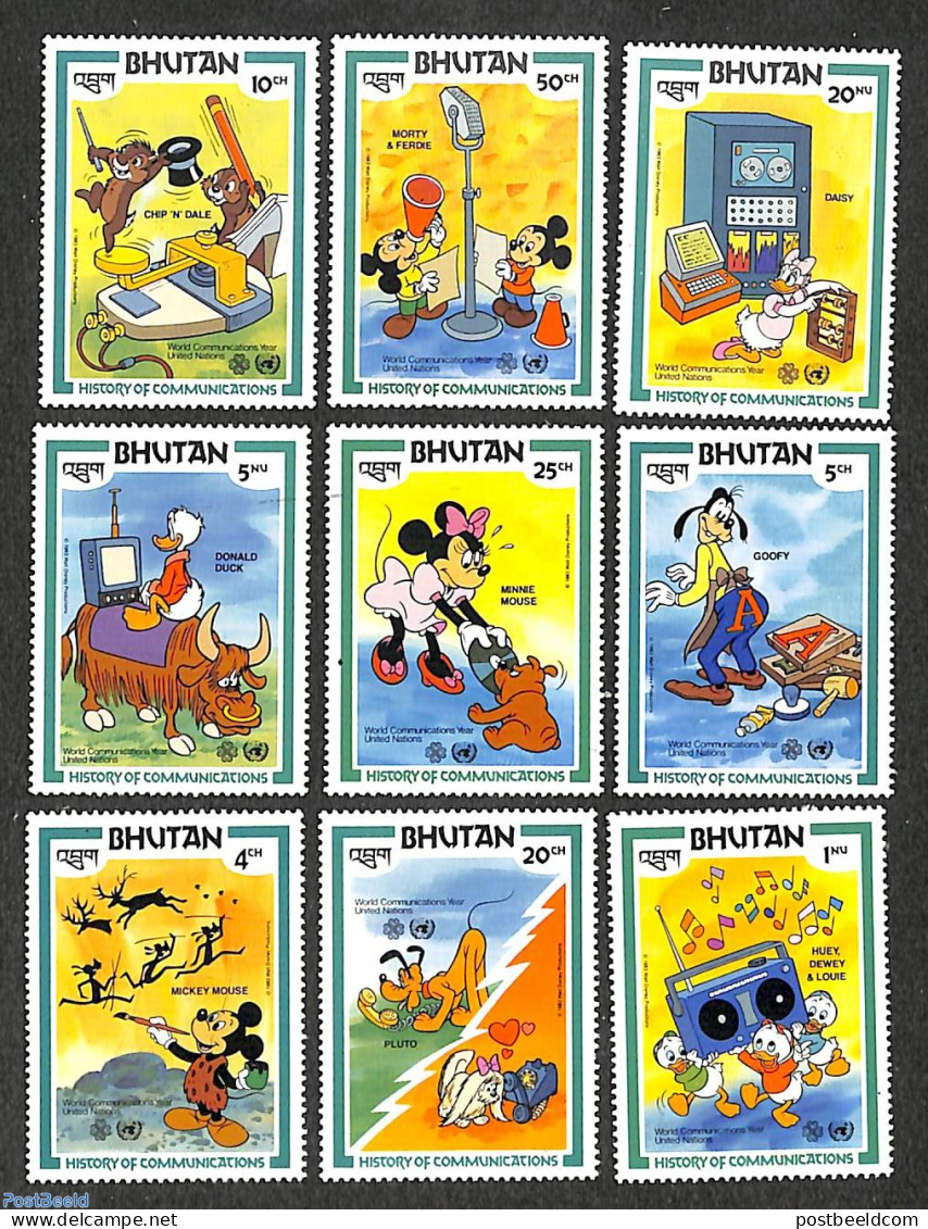 Bhutan 1984 World Communication Year, Disney 9v, Mint NH, Science - Computers & IT - Telecommunication - Art - Cave Pa.. - Informatica