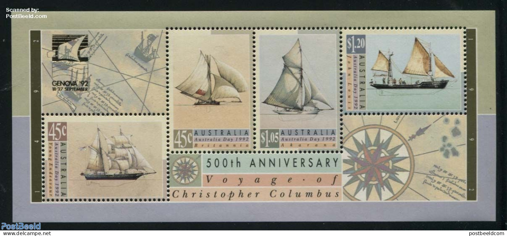 Australia 1992 Genova 92 S/s, Mint NH, Transport - Philately - Ships And Boats - Unused Stamps