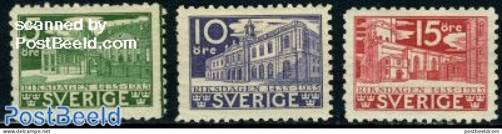 Sweden 1935 Parliament 3v All Sides Perforated, Mint NH, History - History - Art - Architecture - Unused Stamps