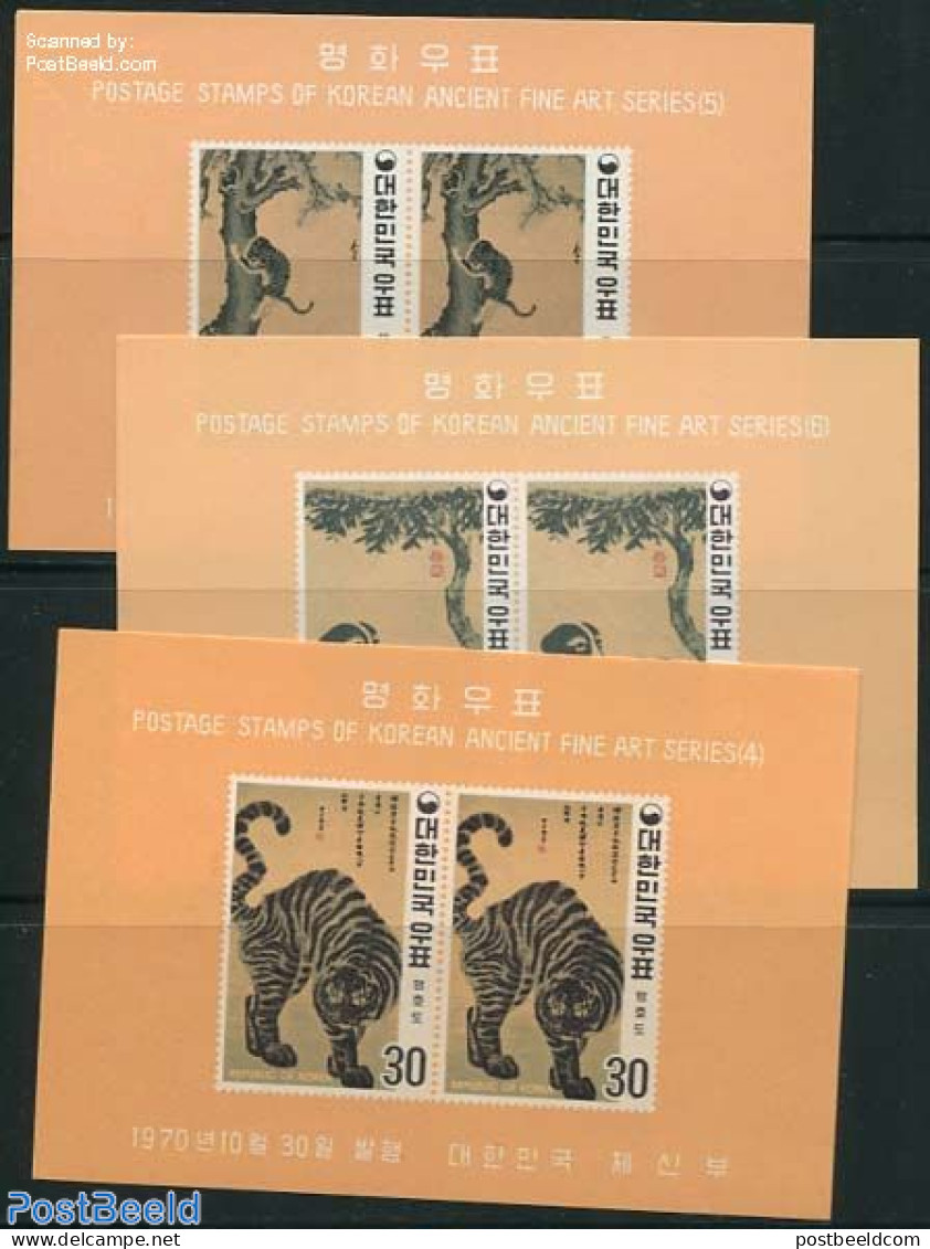 Korea, South 1970 Yi-Dynasty 3 S/s Imperforated, Mint NH, Nature - Cat Family - Cats - Dogs - Art - Paintings - Korea (Süd-)