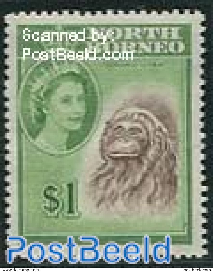 North Borneo 1961 $1, Stamp Ot Of Set, Mint NH, Nature - Animals (others & Mixed) - Monkeys - Borneo Del Nord (...-1963)