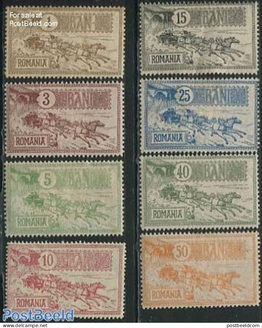 Romania 1903 New Bucharest Postal Building 8v, Unused (hinged), Nature - Transport - Horses - Post - Coaches - Ongebruikt