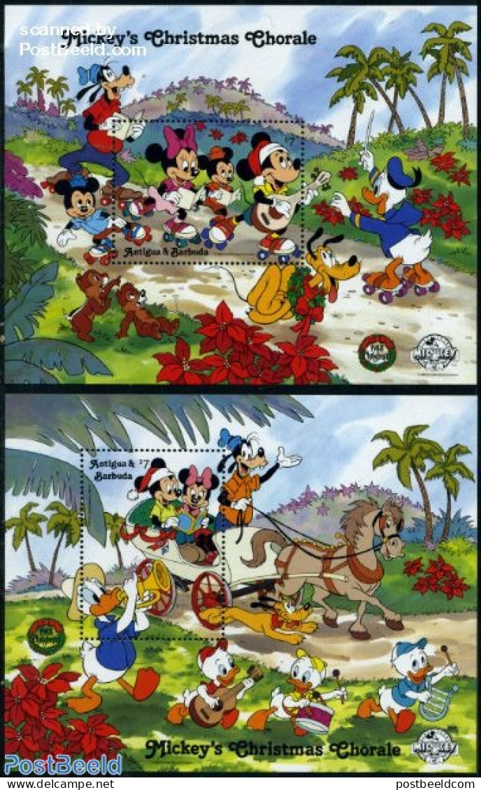 Antigua & Barbuda 1988 Disney, Christmas 2 S/s, Mint NH, Religion - Christmas - Art - Disney - Christmas
