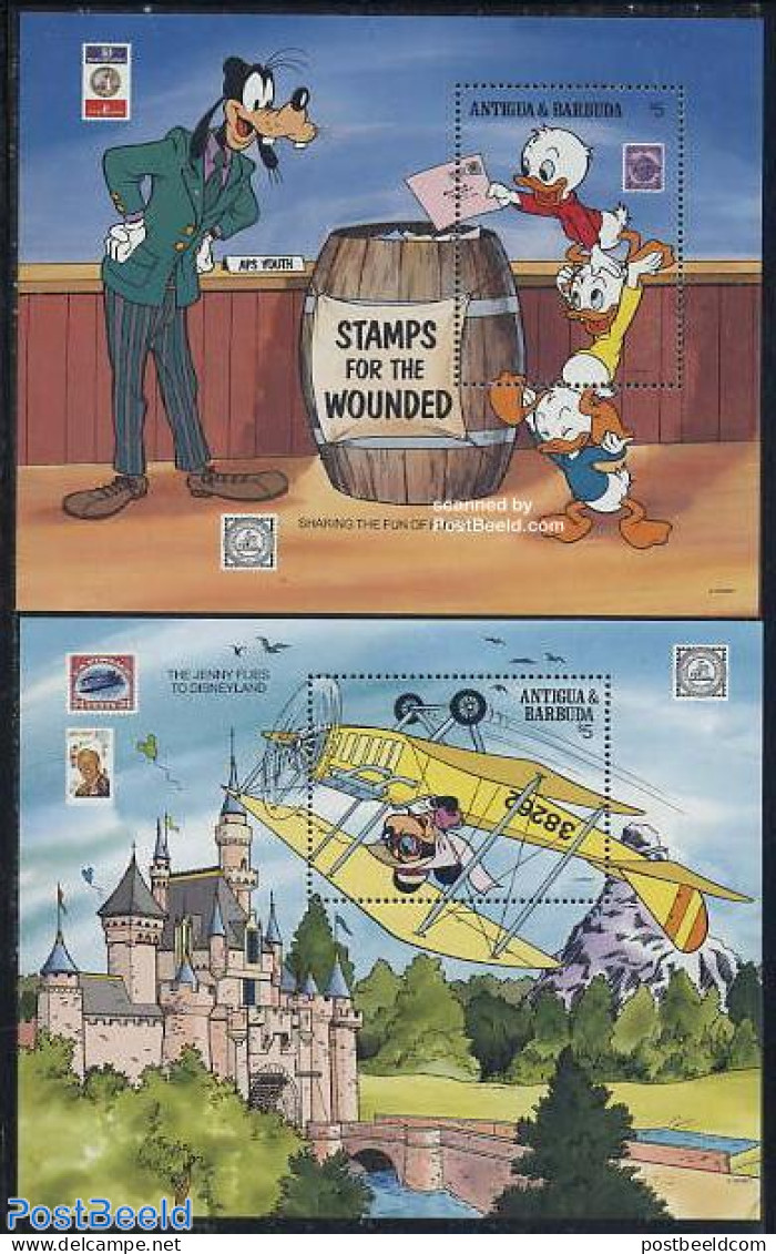 Antigua & Barbuda 1989 Disney, Stamp History 2 S/s, Mint NH, Philately - Stamps On Stamps - Art - Disney - Stamps On Stamps