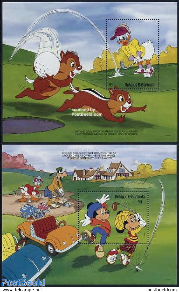 Antigua & Barbuda 1991 Disney, Golf 2 S/s, Mint NH, Sport - Transport - Golf - Automobiles - Art - Disney - Golf