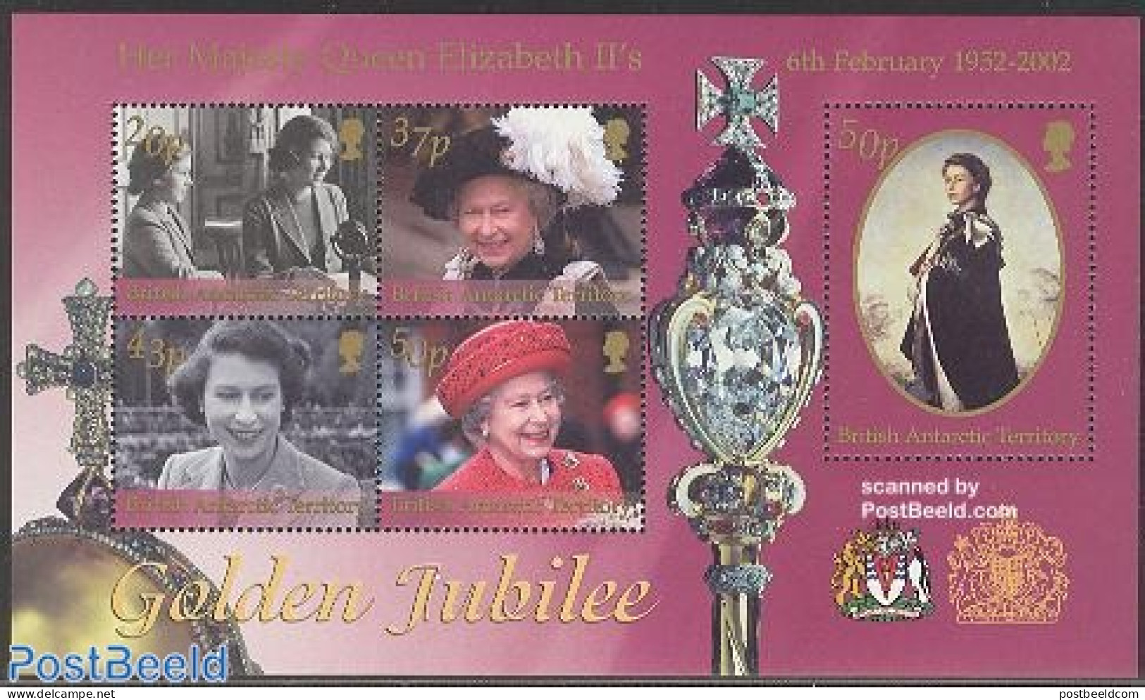 British Antarctica 2002 Elizabeth II Golden Jubilee S/s, Mint NH, History - Kings & Queens (Royalty) - Case Reali