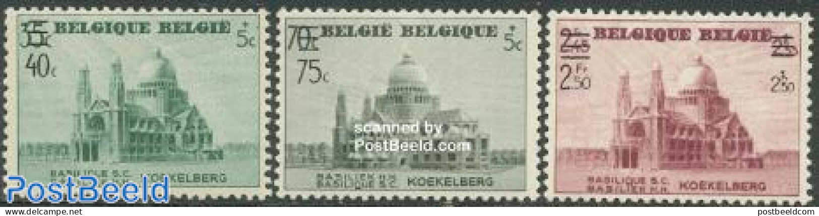Belgium 1938 Koekelberg Overprints 3v, Mint NH, Religion - Churches, Temples, Mosques, Synagogues - Unused Stamps