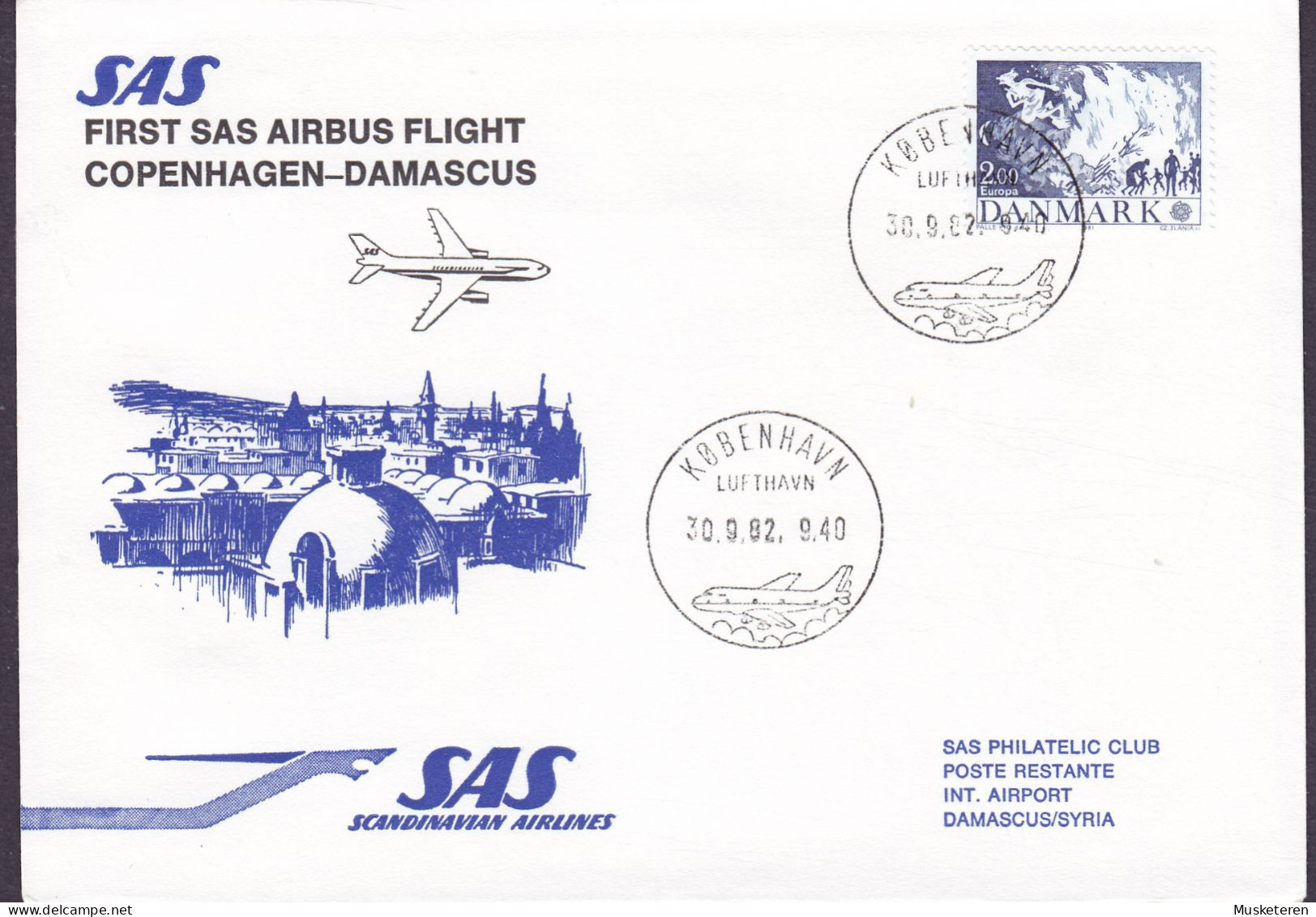 Denmark First SAS AIRBUS Flight COPENHAGEN - DAMASCUS Syria, KØBENHAVN LUFTHAVN 1982 Cover Brief Lettre Europa CEPT - Airmail