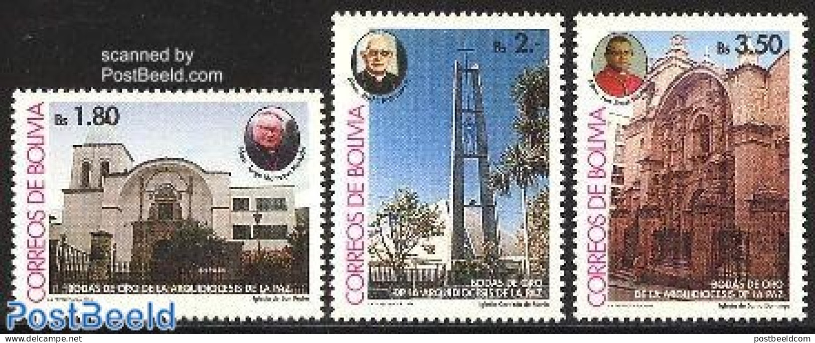 Bolivia 1994 Dioceze La Paz 3v, Mint NH, Religion - Churches, Temples, Mosques, Synagogues - Religion - Eglises Et Cathédrales