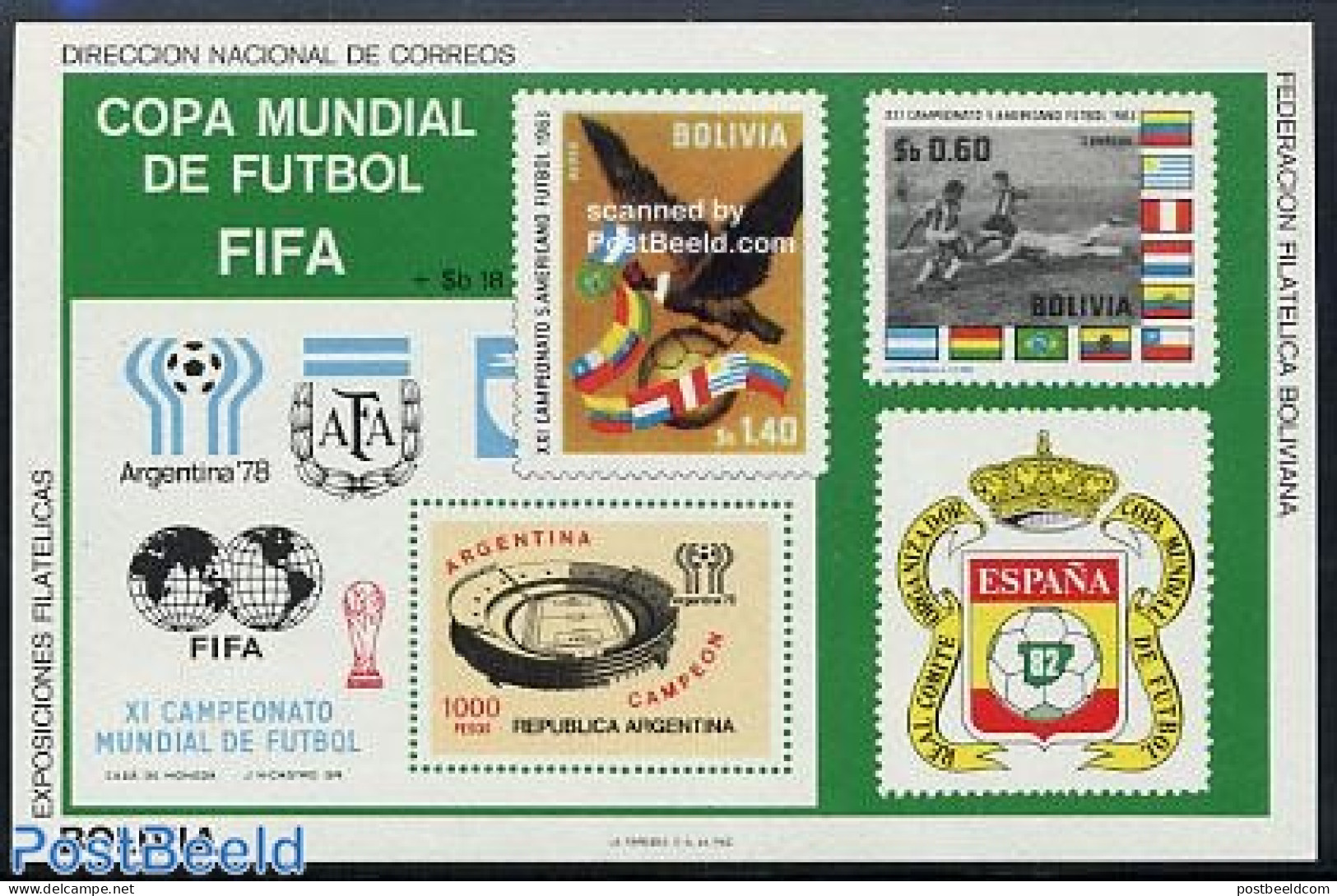 Bolivia 1980 World Cup Football S/s, Mint NH, Nature - Sport - Birds Of Prey - Football - Stamps On Stamps - Stamps On Stamps
