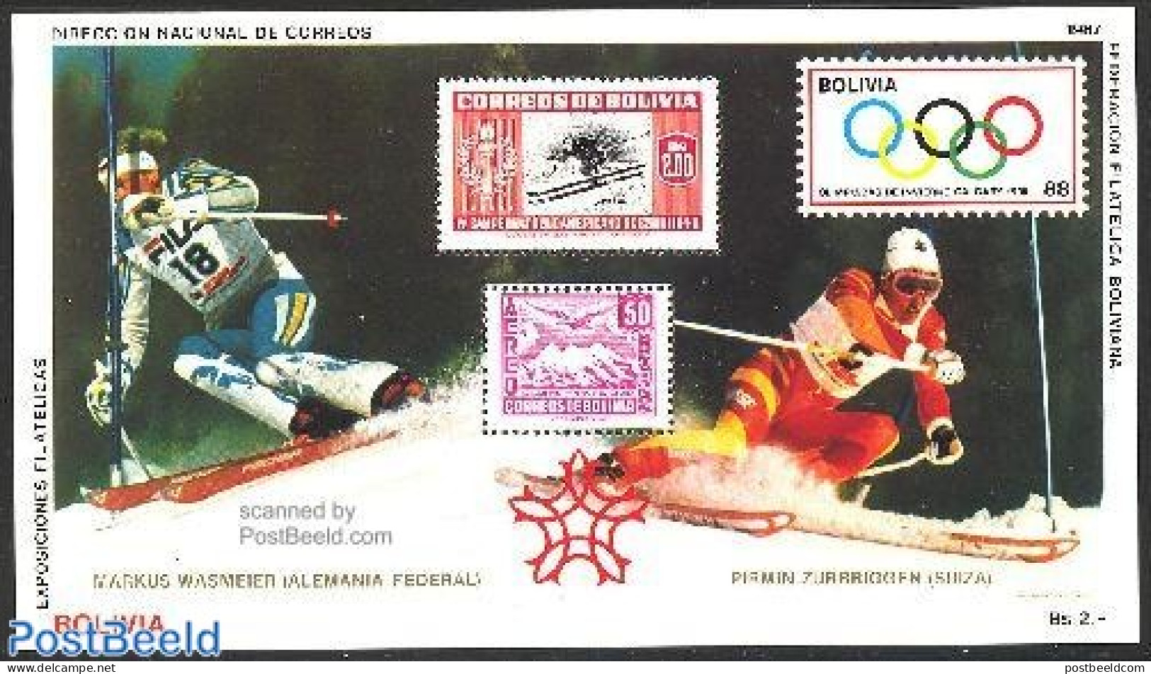 Bolivia 1987 Olympic Games Galgary S/s, Mint NH, Sport - Olympic Winter Games - Stamps On Stamps - Stamps On Stamps