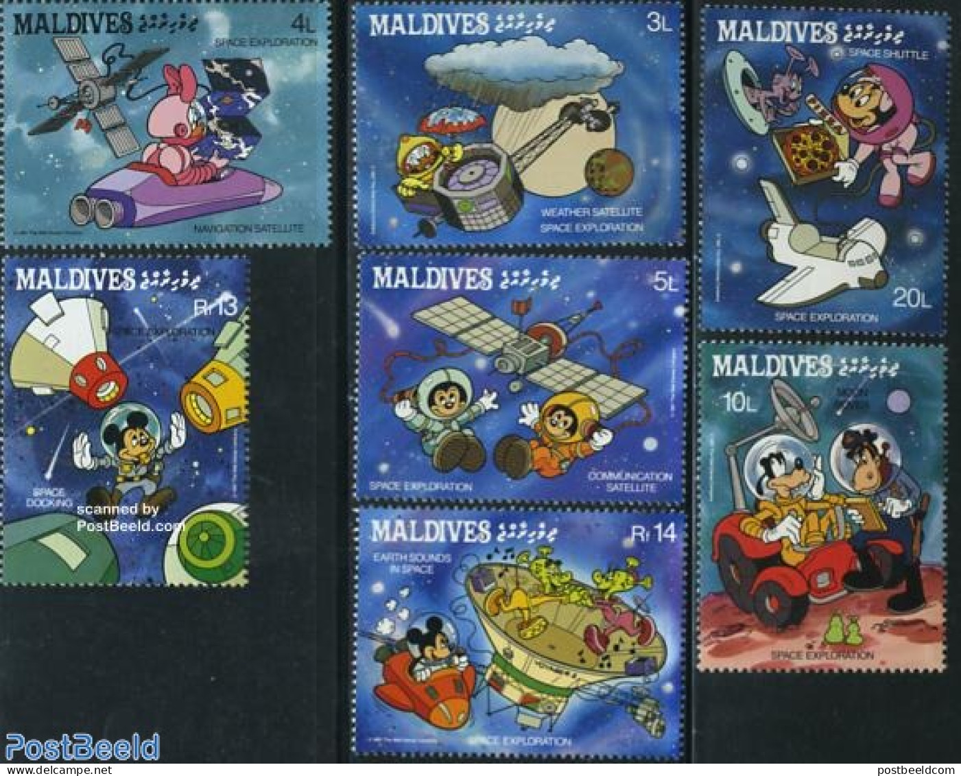 Maldives 1988 Disney In Space 7v, Mint NH, Transport - Space Exploration - Art - Disney - Disney