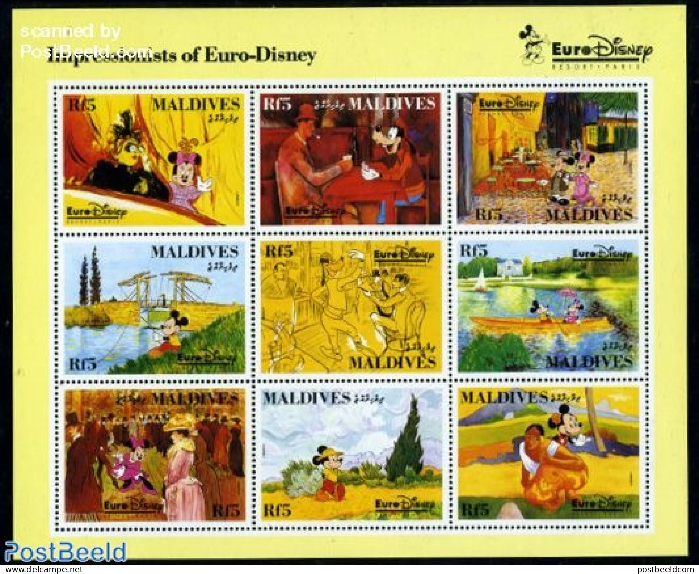 Maldives 1992 Eurodisney 9v M/s, Mint NH, Sport - Playing Cards - Art - Disney - Edgar Degas - Henri De Toulouse-Lautr.. - Disney