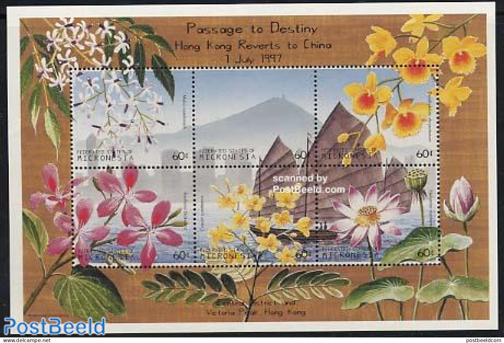 Micronesia 1997 Hong Kong To China 6v M/s, Mint NH, History - Nature - Transport - History - Flowers & Plants - Ships .. - Barcos