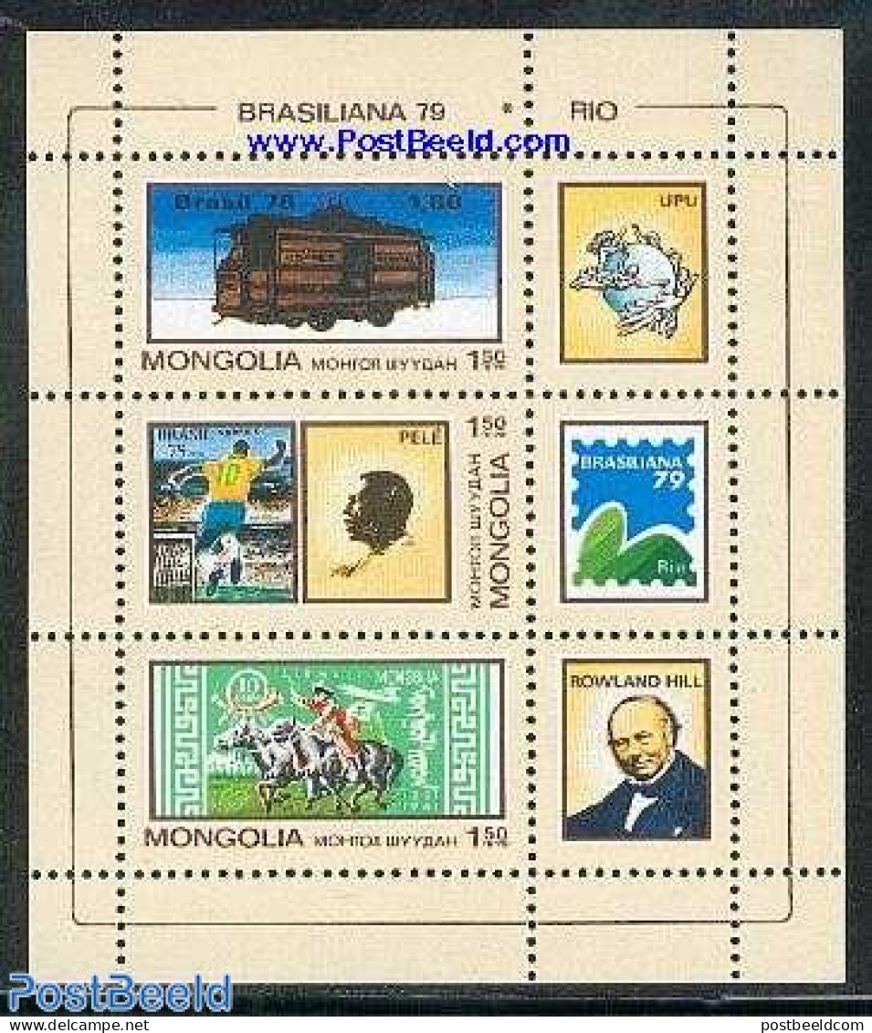 Mongolia 1979 Brasiliana S/s, Mint NH, Nature - Sport - Transport - Horses - Football - Sir Rowland Hill - Stamps On S.. - Rowland Hill