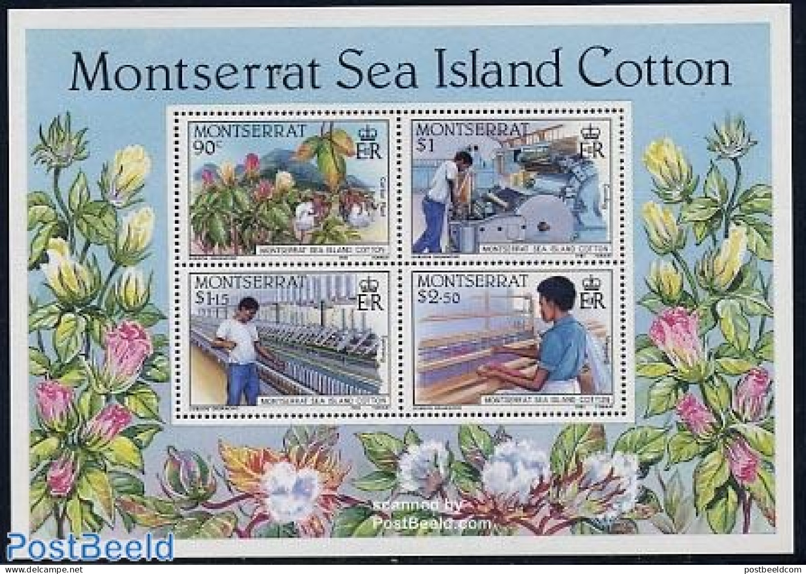Montserrat 1985 Cotton Industry S/s, Mint NH, Nature - Various - Flowers & Plants - Agriculture - Industry - Textiles - Agriculture