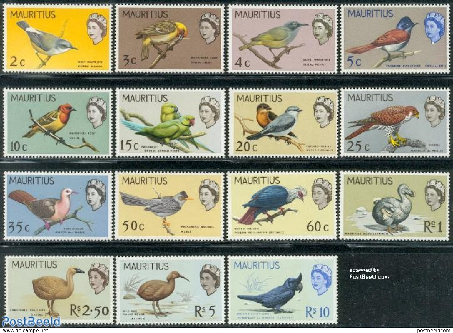 Mauritius 1965 Definitives, Birds 15v, Unused (hinged), Nature - Birds - Parrots - Mauritius (1968-...)