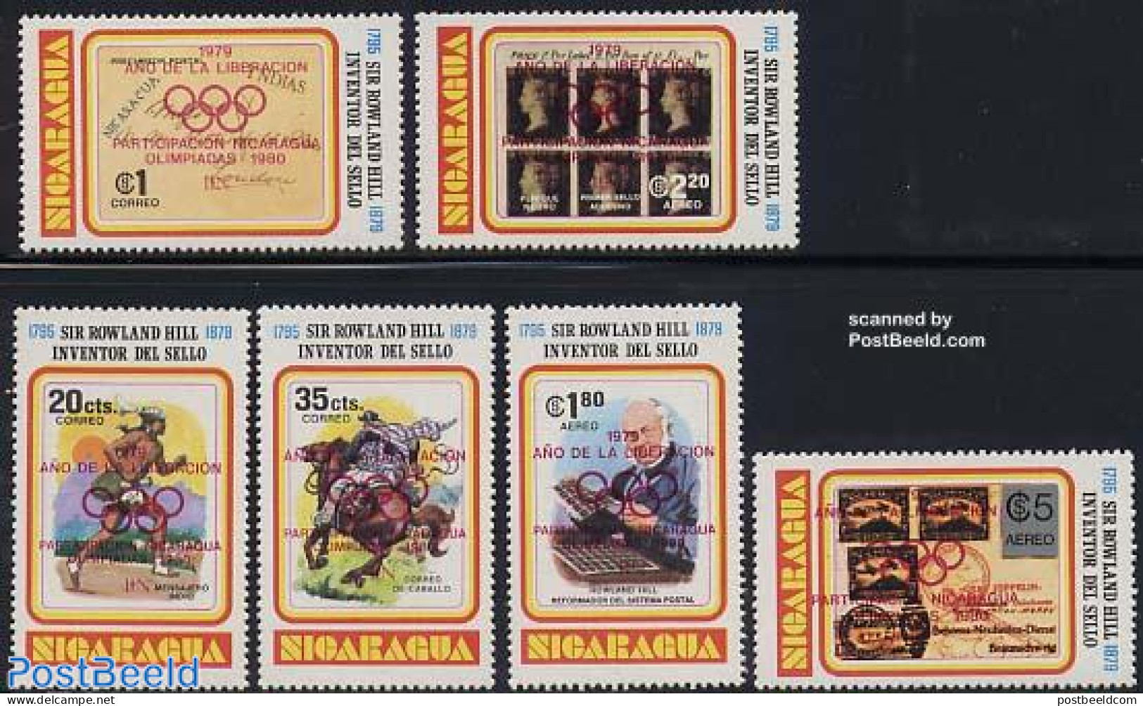 Nicaragua 1980 Olympic Games 6v, Red Overprint, Mint NH, Sport - Olympic Games - Stamps On Stamps - Stamps On Stamps