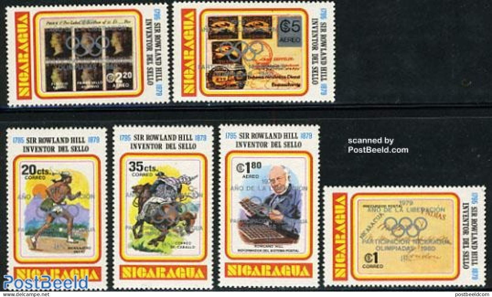 Nicaragua 1980 Olympic Games 6v, Silver Overprint, Mint NH, Sport - Olympic Games - Stamps On Stamps - Stamps On Stamps