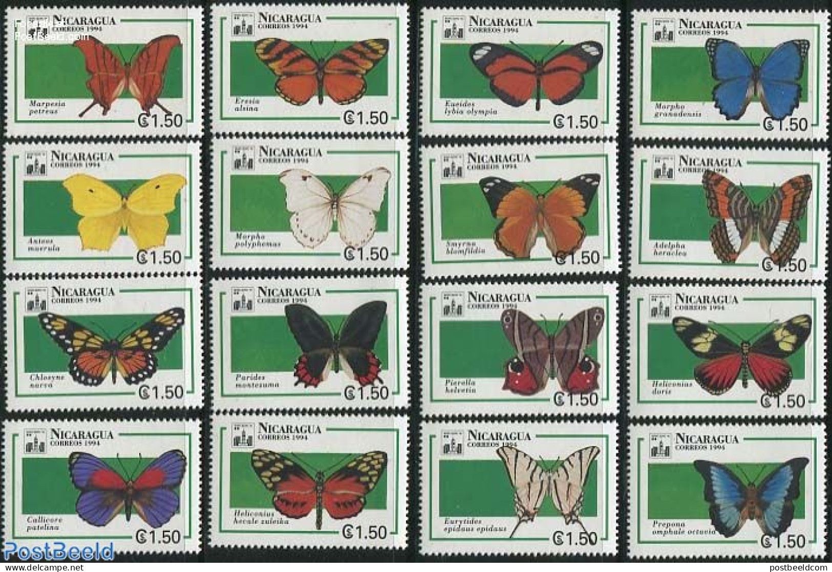 Nicaragua 1994 Butterflies 16v, Mint NH, Nature - Butterflies - Nicaragua