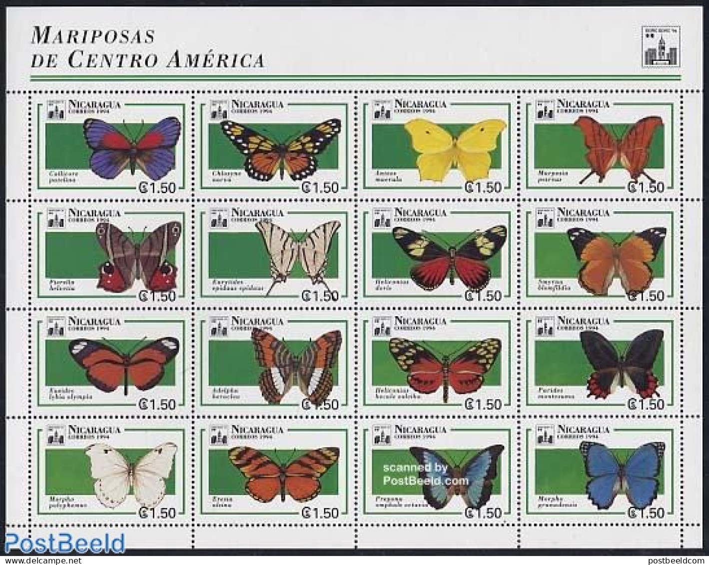 Nicaragua 1994 Butterflies 16v M/s, Mint NH, Nature - Butterflies - Philately - Nicaragua