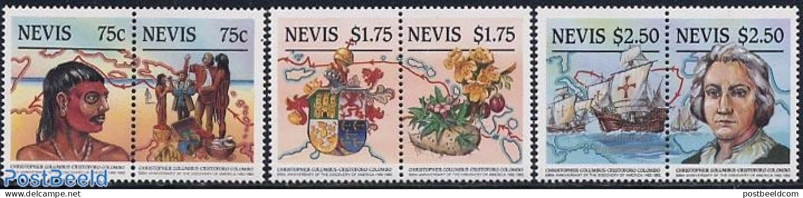 Nevis 1986 Discovery Of America 3x2v [:], Mint NH, History - Transport - Coat Of Arms - Explorers - Ships And Boats - Onderzoekers