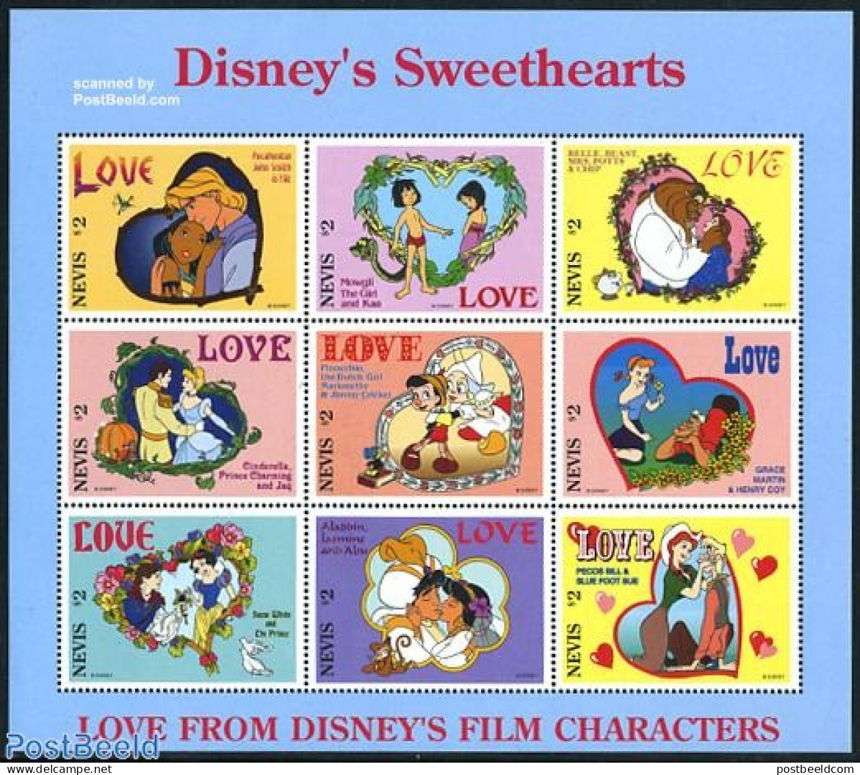 Nevis 1996 Disney, Love 9v M/s, Mint NH, Art - Disney - Disney