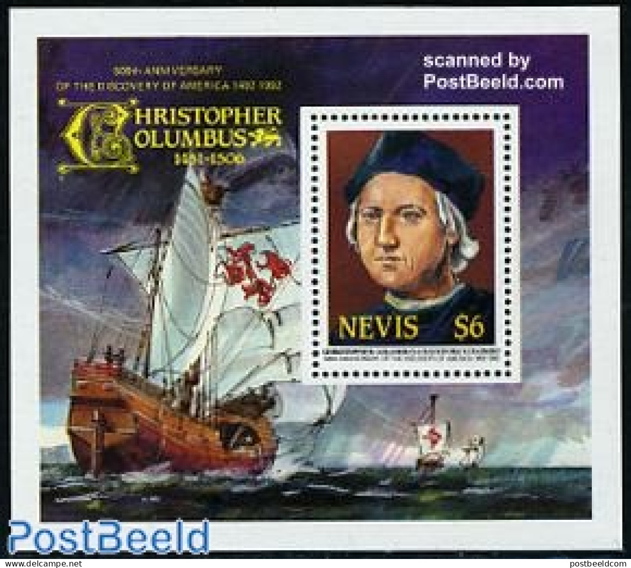 Nevis 1986 Chr. Columbus S/s, Mint NH, History - Transport - Explorers - Ships And Boats - Esploratori