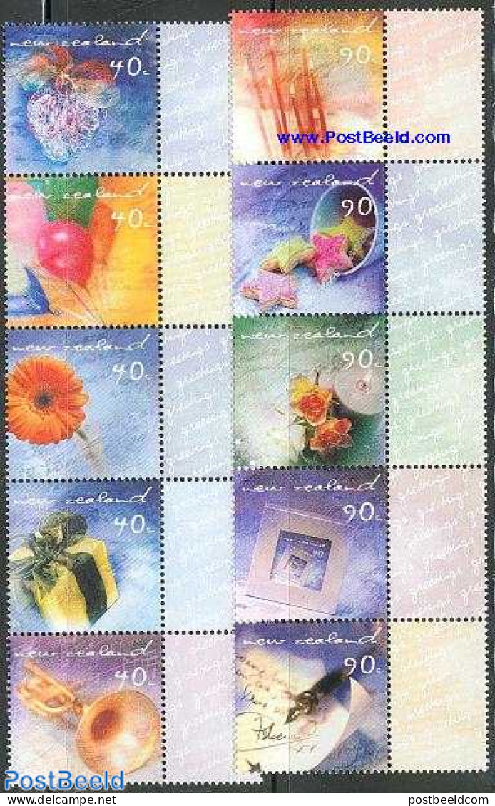 New Zealand 2001 Greeting Stamps 10v, Mint NH, Nature - Various - Roses - Greetings & Wishing Stamps - Unused Stamps