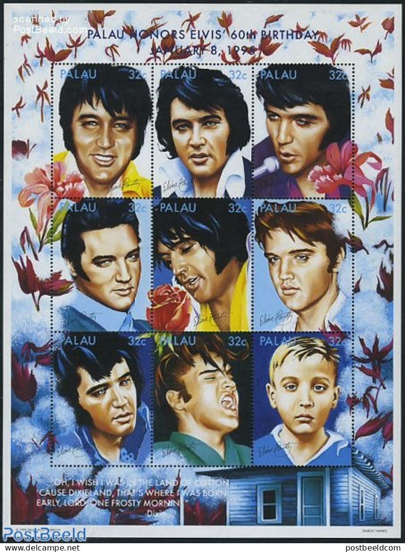 Palau 1995 Elvis Presley 9v M/s, Mint NH, Performance Art - Elvis Presley - Popular Music - Elvis Presley