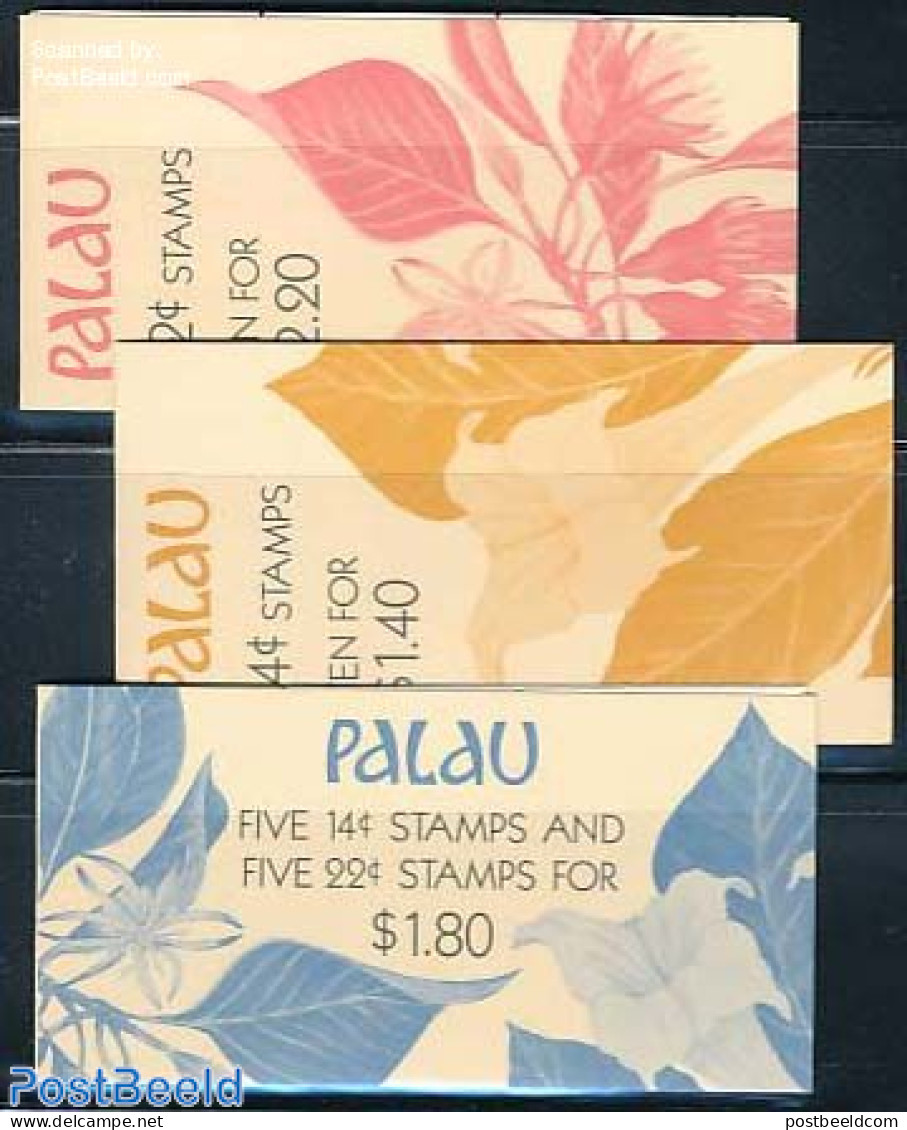 Palau 1987 Flowers 3 Booklets, Mint NH, Nature - Flowers & Plants - Stamp Booklets - Ohne Zuordnung