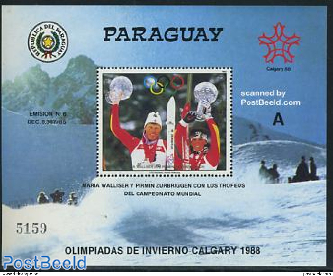 Paraguay 1987 Olympic Winter Games S/s, Mint NH, Sport - Olympic Winter Games - Skiing - Ski