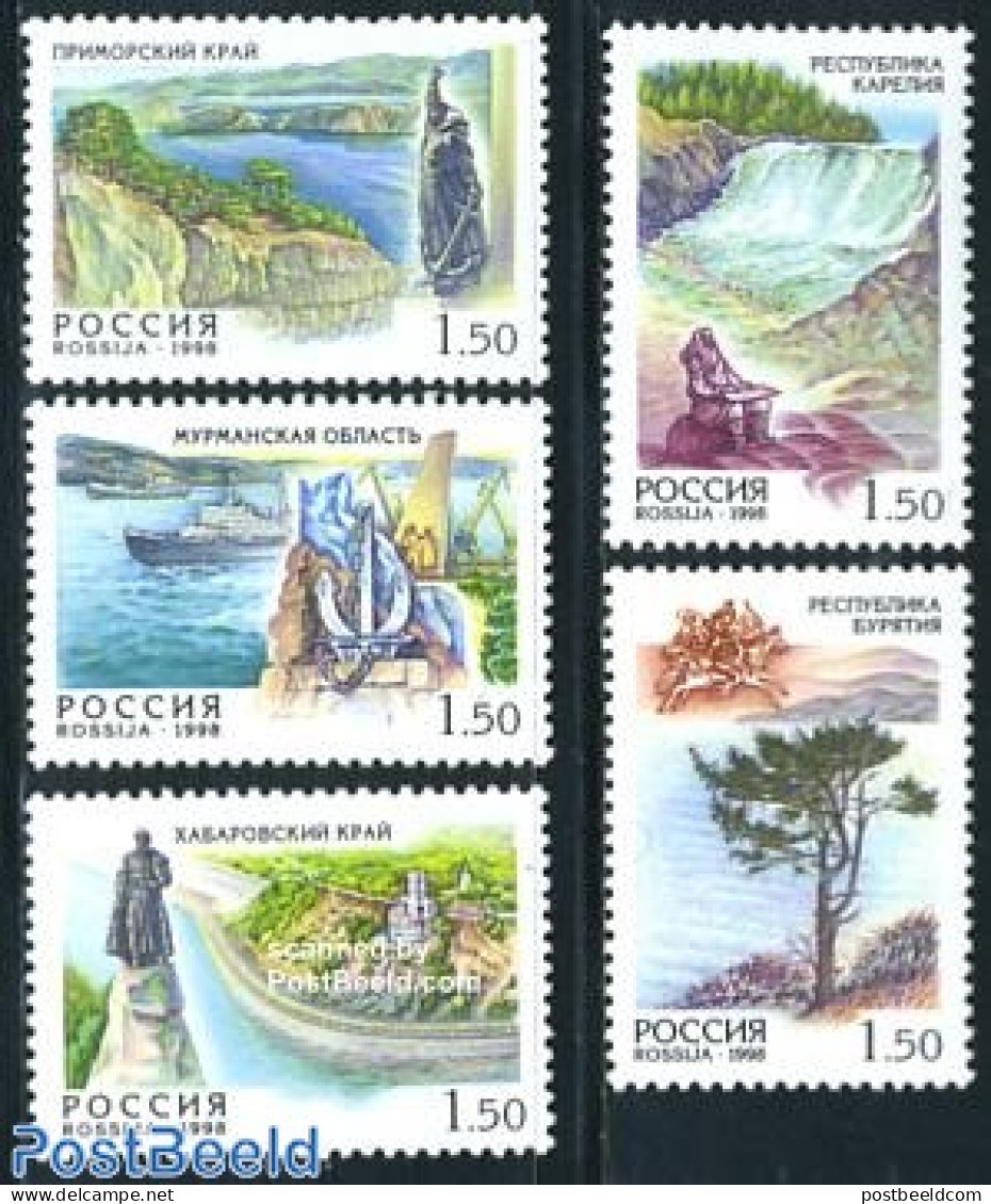 Russia 1998 Regions 5v, Mint NH, Nature - Transport - Water, Dams & Falls - Ships And Boats - Art - Sculpture - Barcos