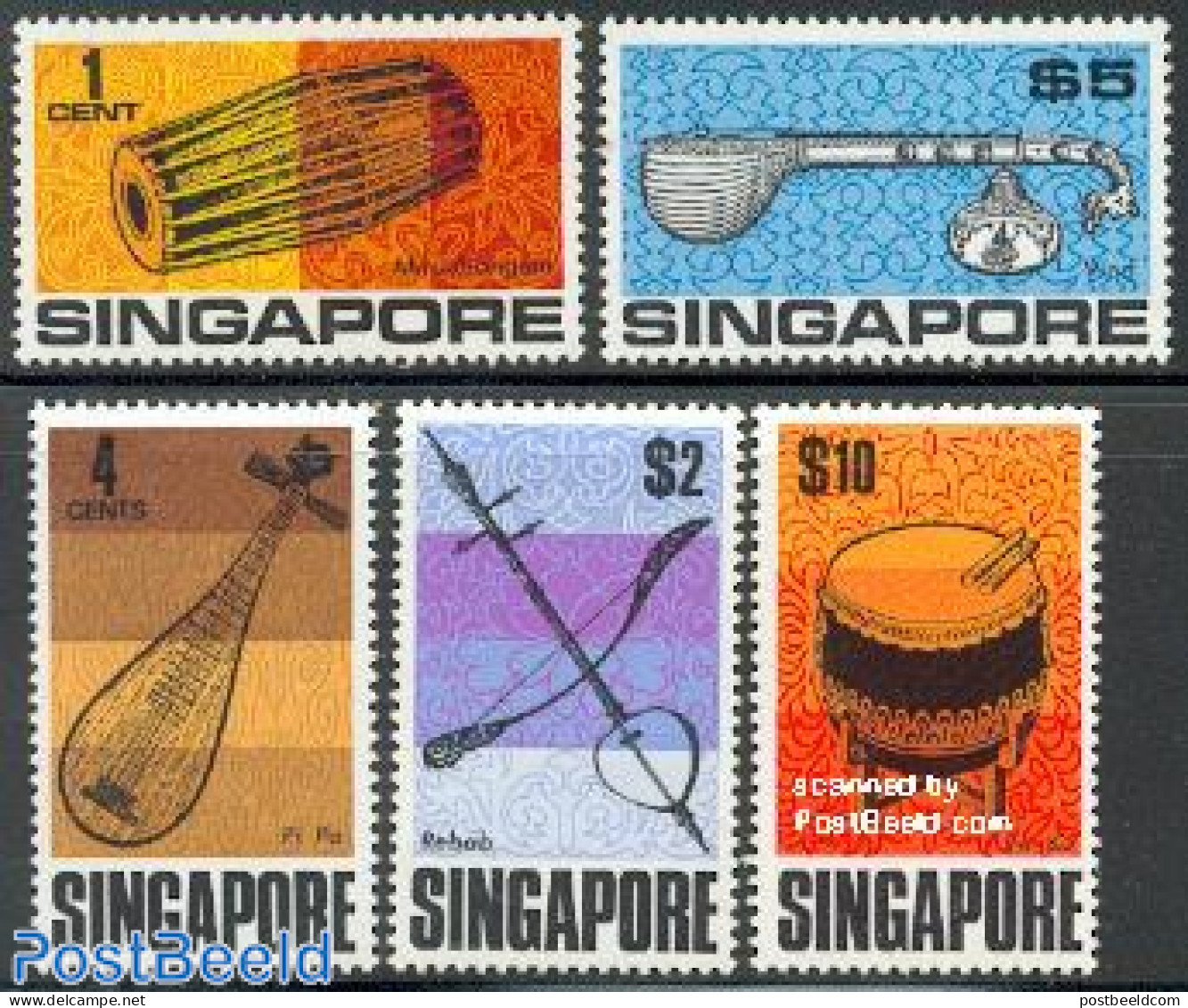 Singapore 1969 Music Instruments 5v, Mint NH, Performance Art - Music - Musical Instruments - Muziek